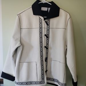 Alfred Dunner Norwegian Inspired Jacket White Faux Suede with Black Trim